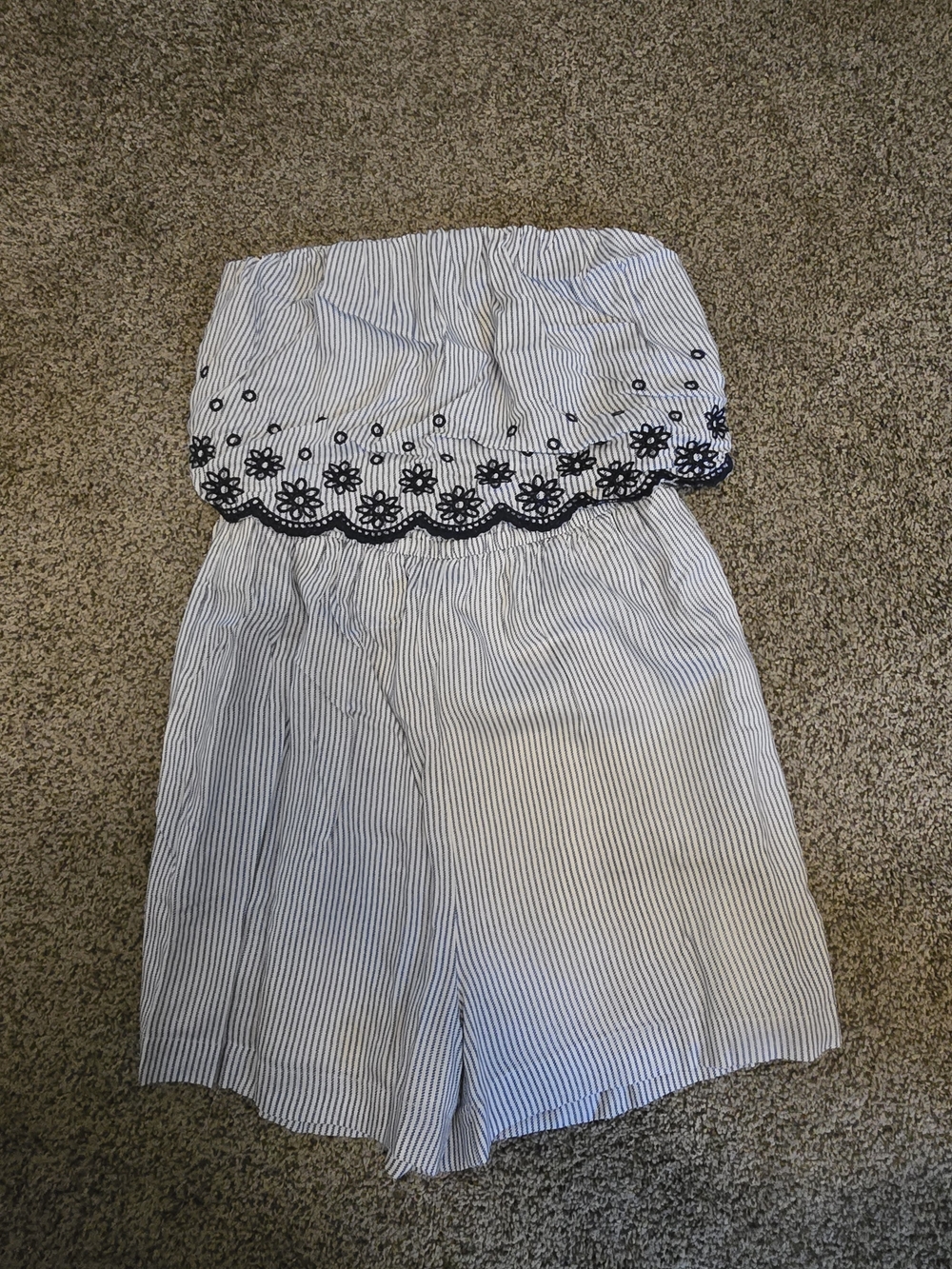 Jessica Simpson Blue and White Striped Strapless Romper with Navy Eyelet Trim